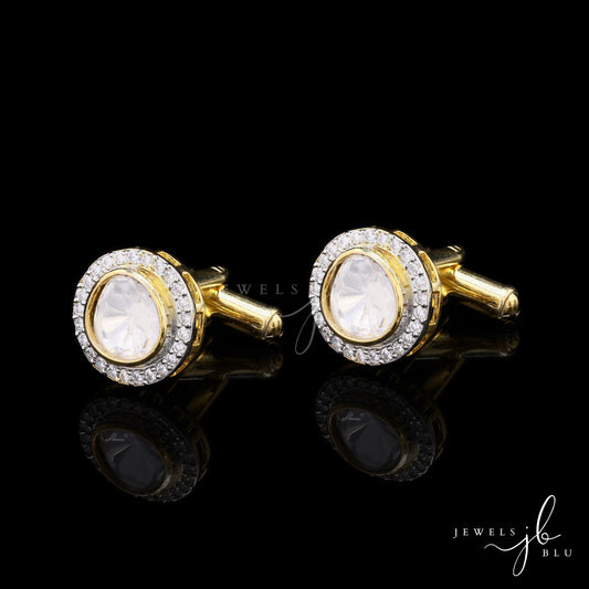 Gold Finish Polki Diamond Bezel Setting Mens Cuff Link Pair with Diamond Cluster