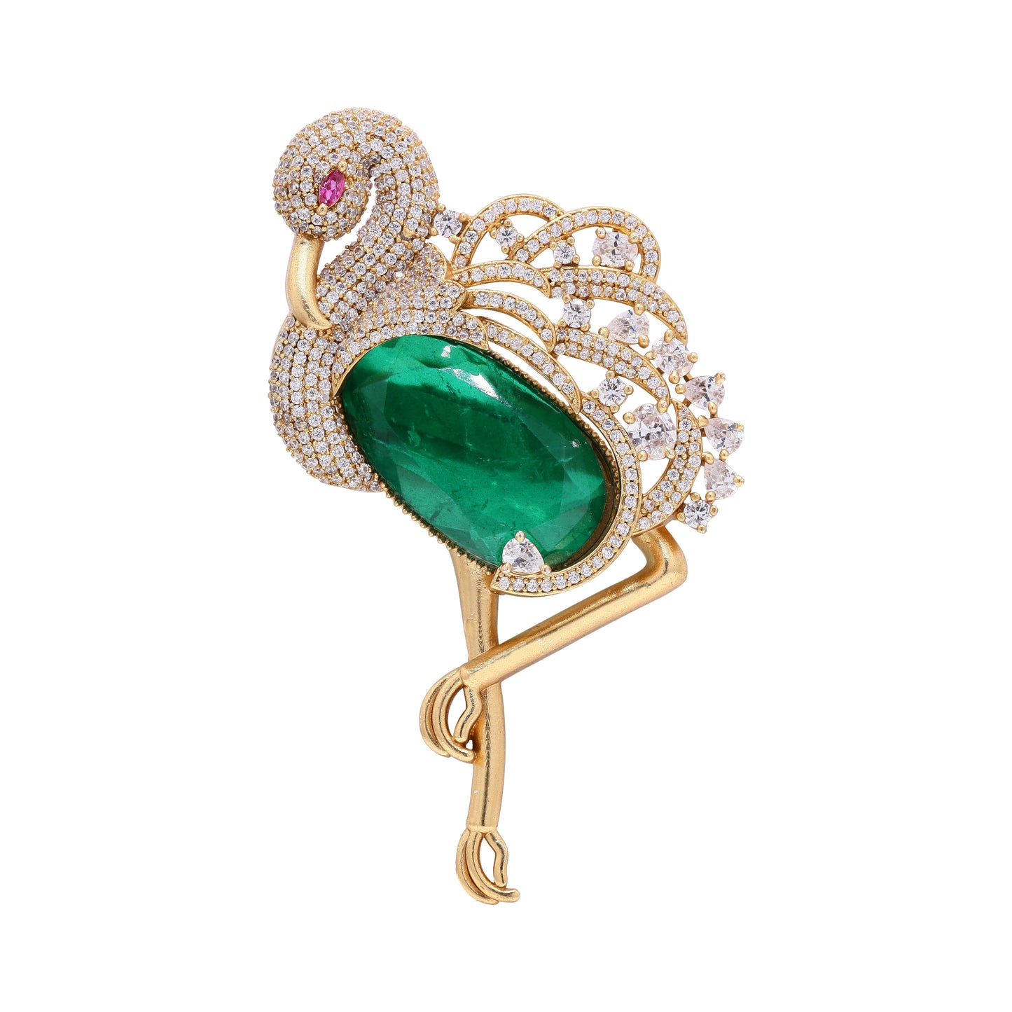 Premium Diamond Studded Unisex Swan Brooch with Hydro Ruby and Emerald