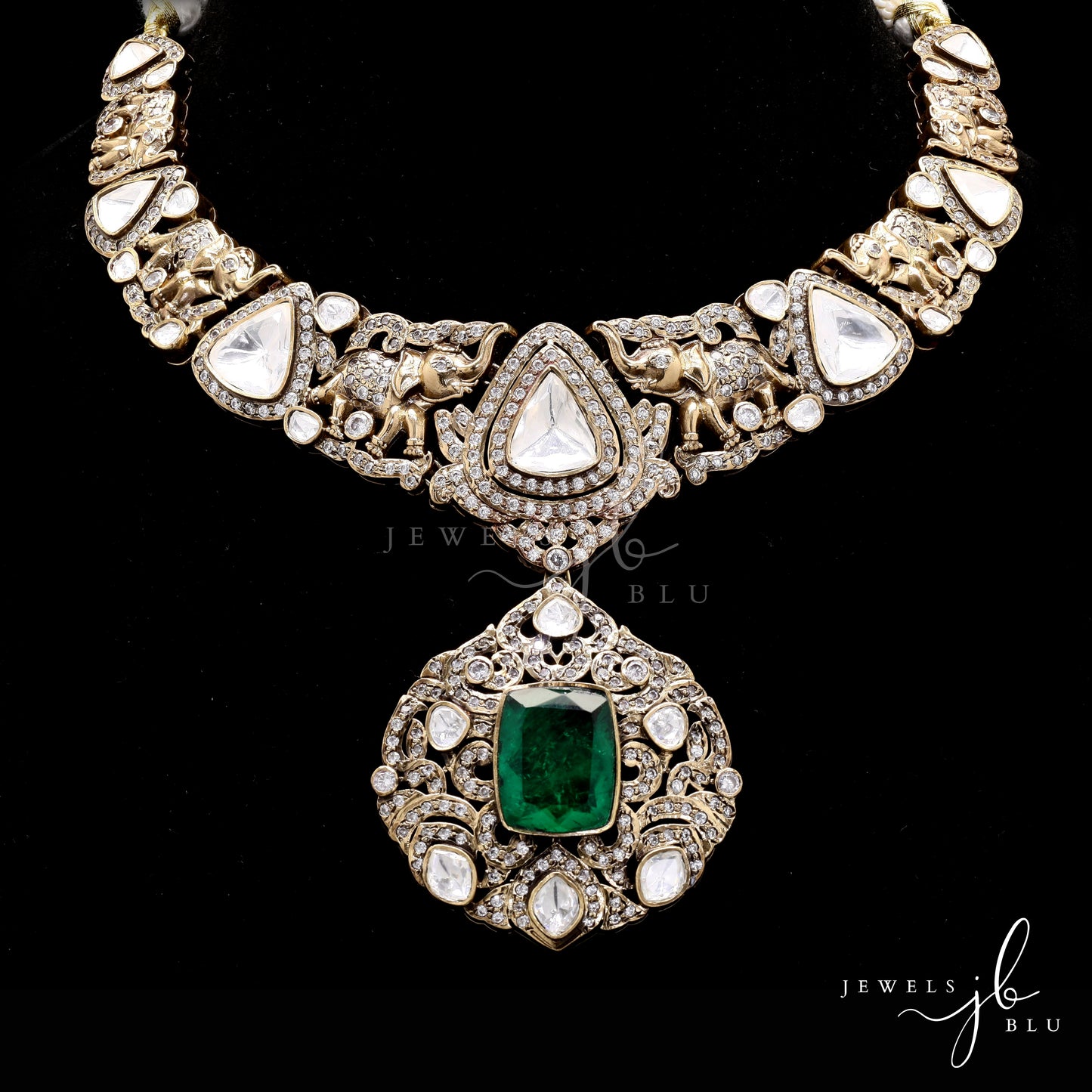 Antique Finish Polki and Emerald Statement Dulari Bridal and Festive Necklace Set with Earrings