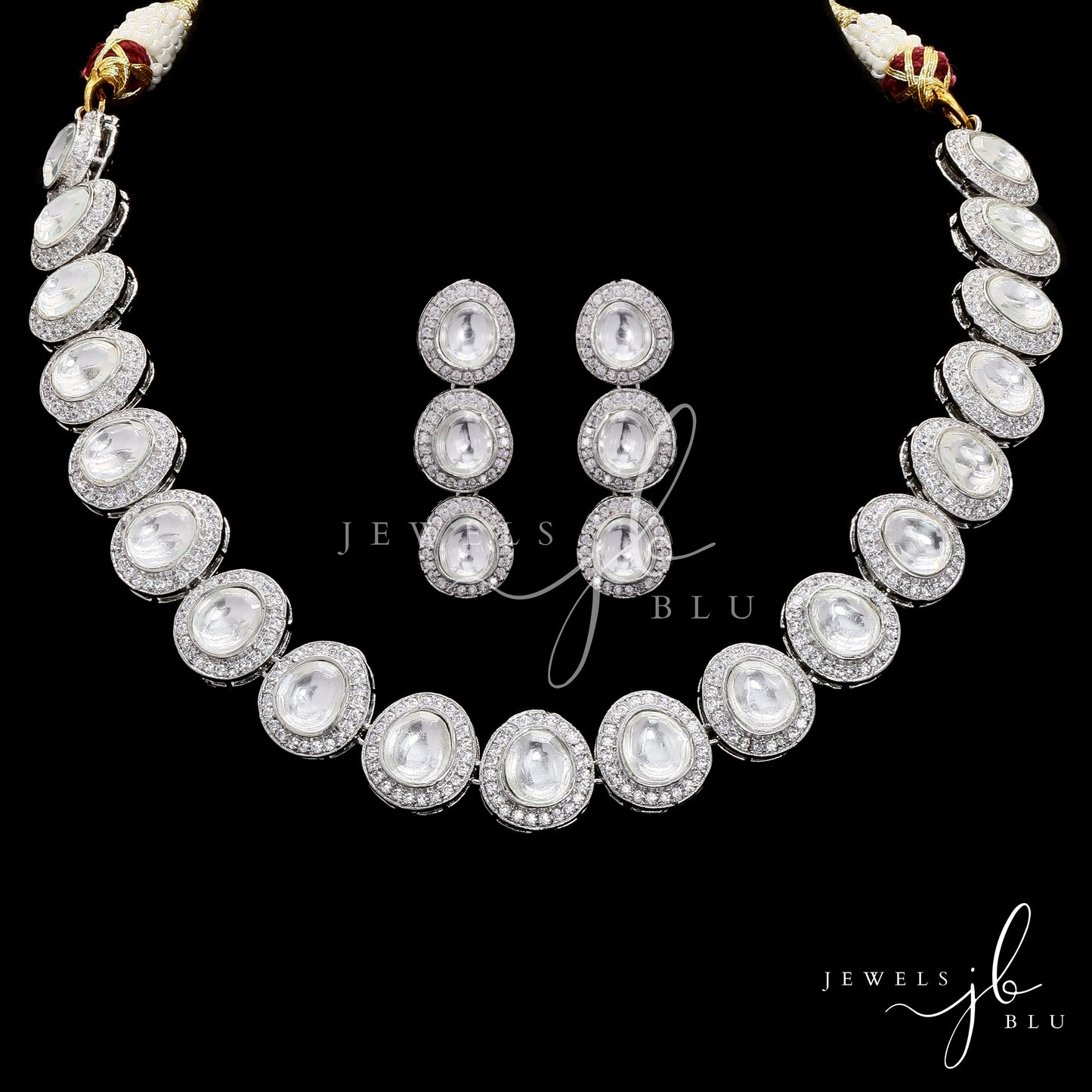 White Gold Finish Kala Polki Diamond Necklace Set