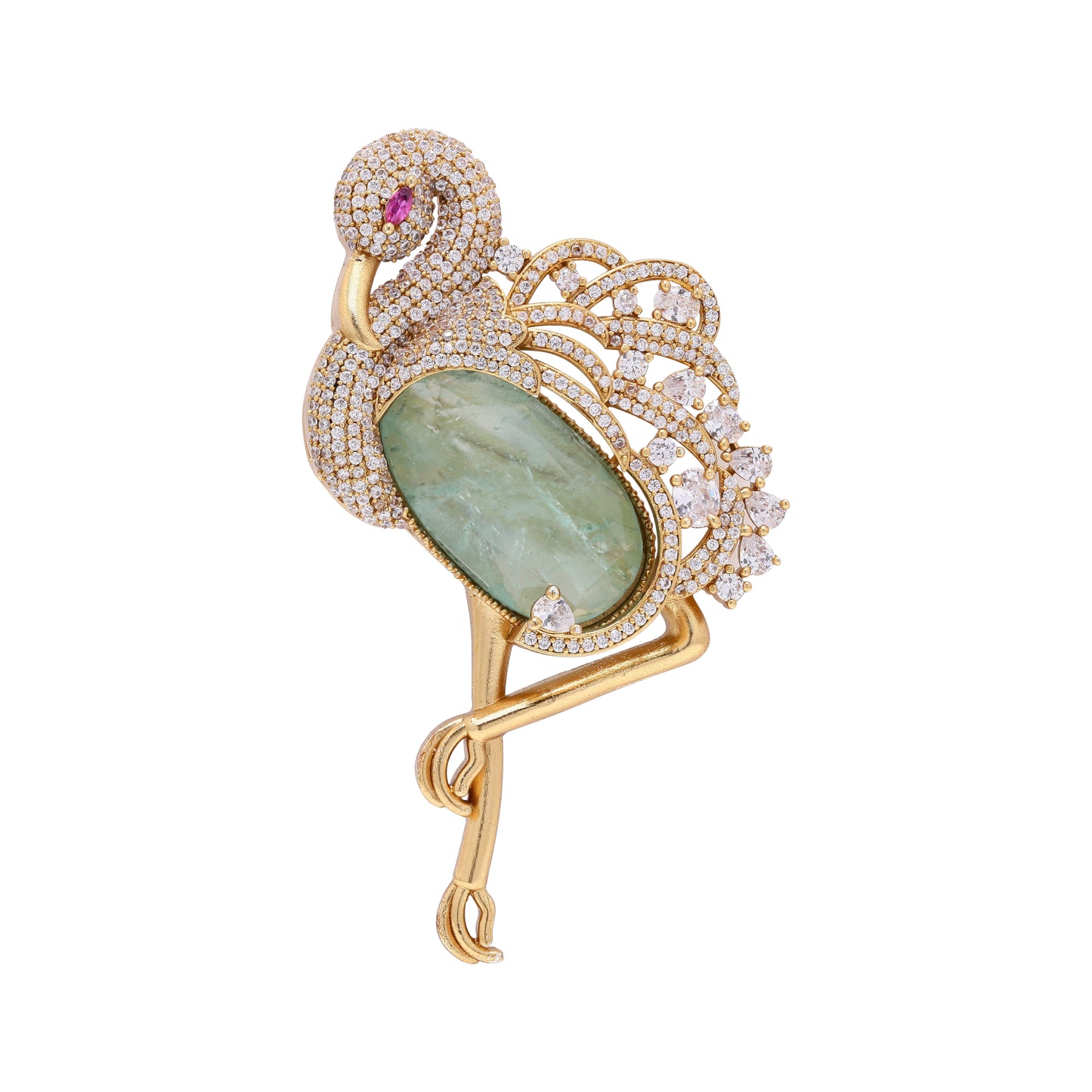 Premium Diamond Studded Unisex Swan Brooch with Hydro Green Jade and Ruby