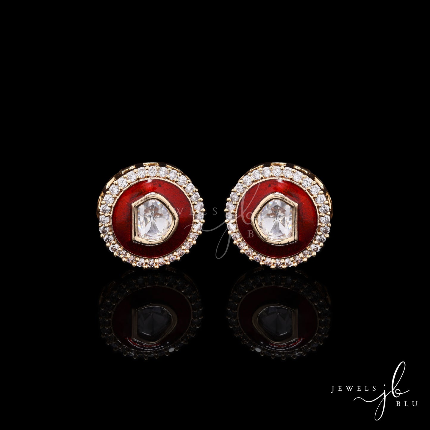 Glazed Red Enamel Gold Finish Polki Diamond Mens Cuff Link with Diamond Cluster