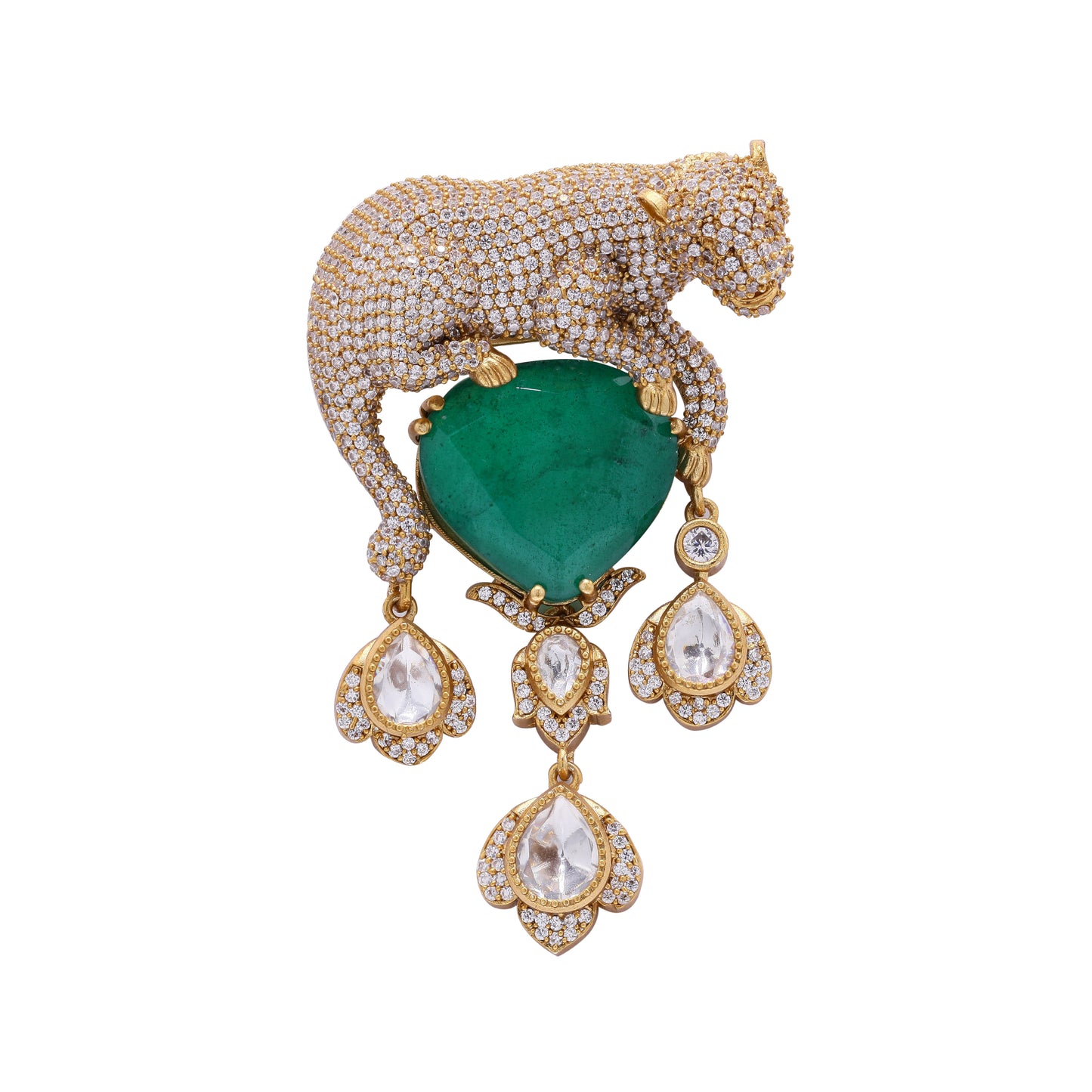 Antique Gold Finish Jaguar Unisex Brooch for Men and Women with Polki and Green Emerald Detailing