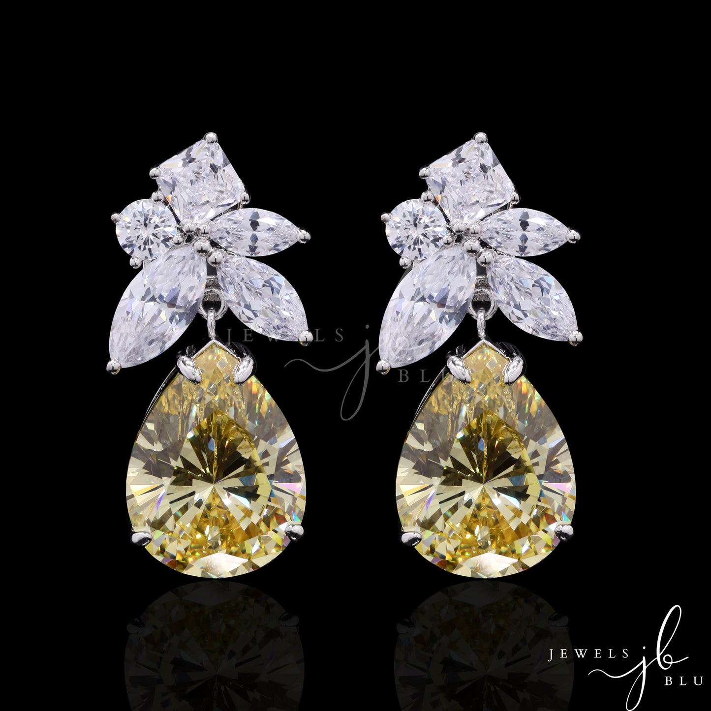 Yellow Drop Solitaire American Diamond Debona Party Earrings