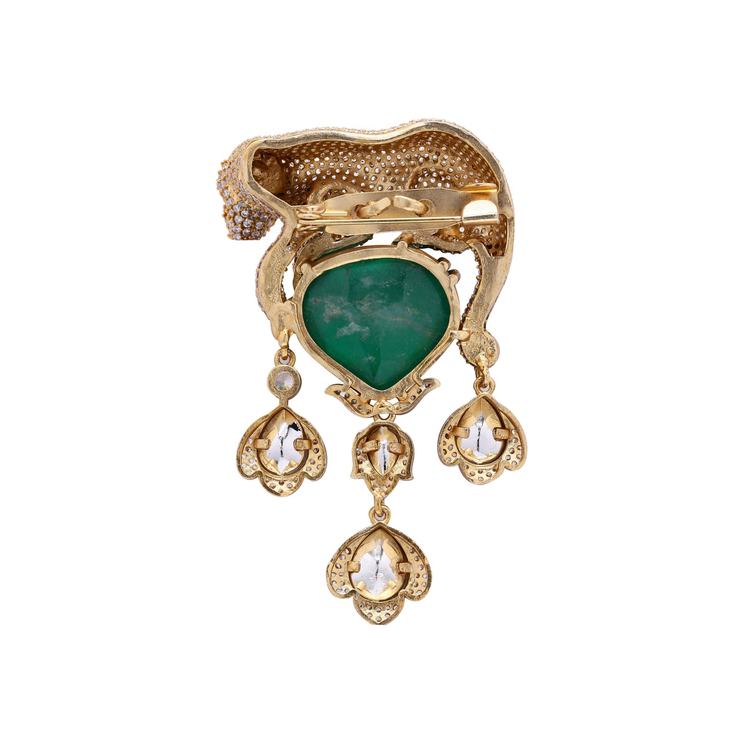 Antique Gold Finish Jaguar Unisex Brooch for Men and Women with Polki and Green Emerald Detailing