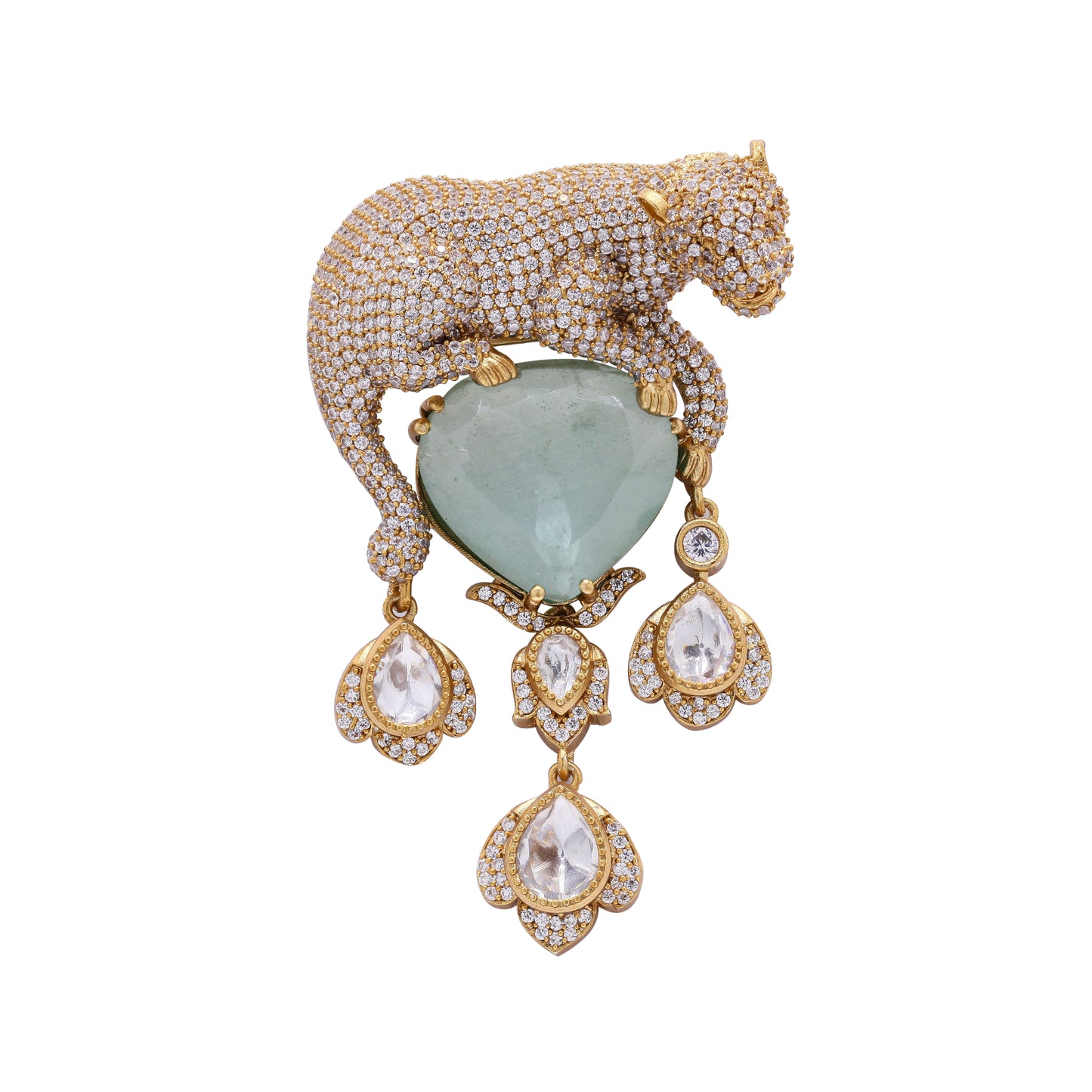 Antique Gold Finish Tiger Unisex Brooch for Men and Women with Polki and Green Jade Detailing