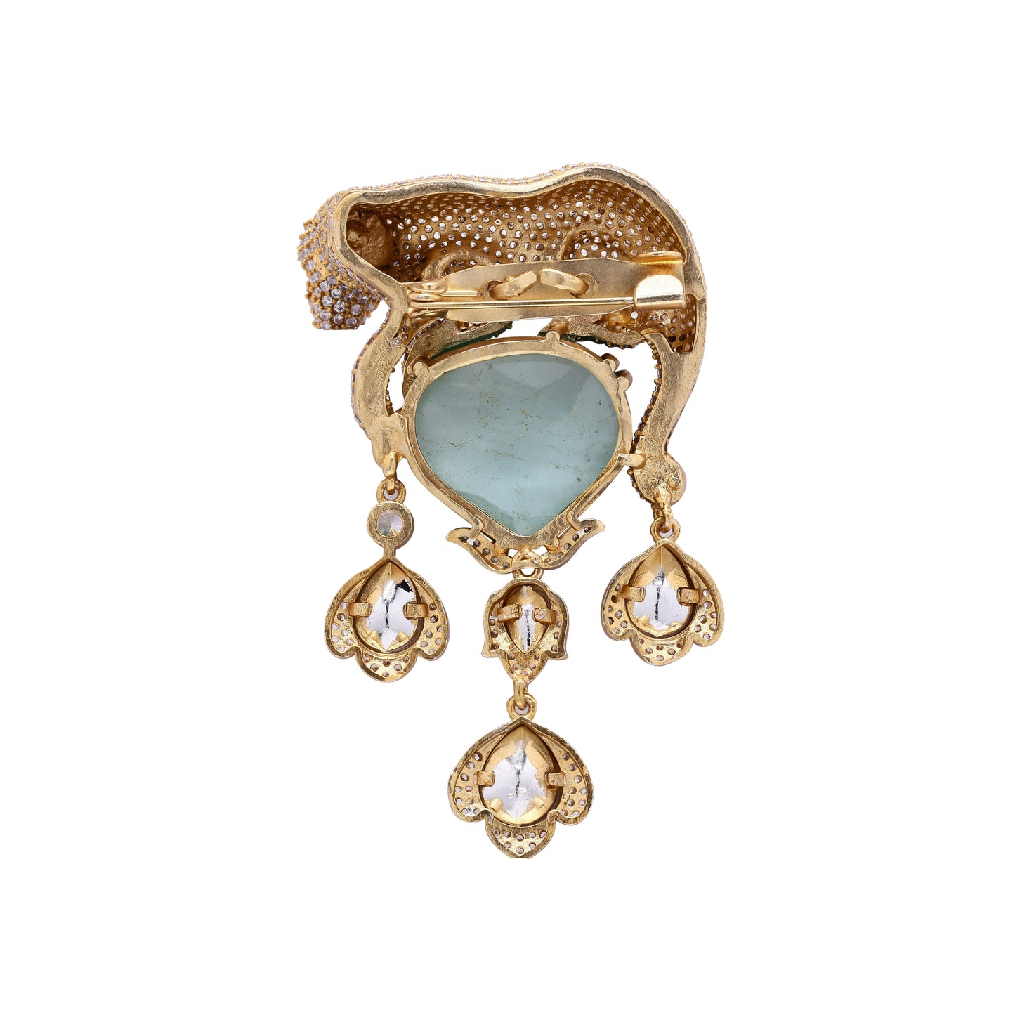 Antique Gold Finish Tiger Unisex Brooch for Men and Women with Polki and Green Jade Detailing