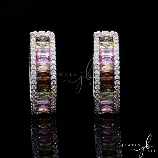 Maria Premium Rainbow Hoop Earrings with Multi Coloured American Diamond Baguettes