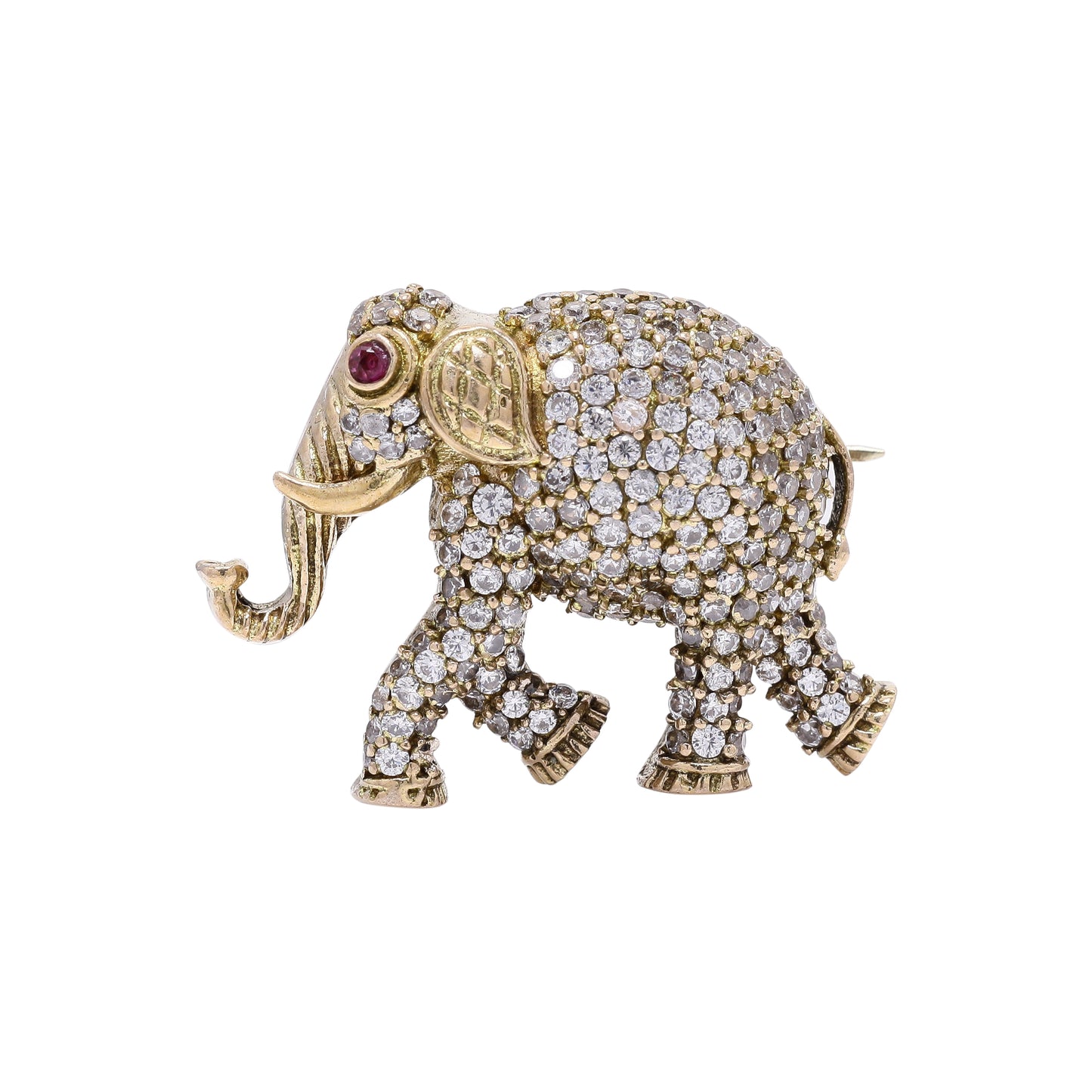 Antique Gold Finish Diamond Studded Elephant Unisex Brooch with Ruby Detailing
