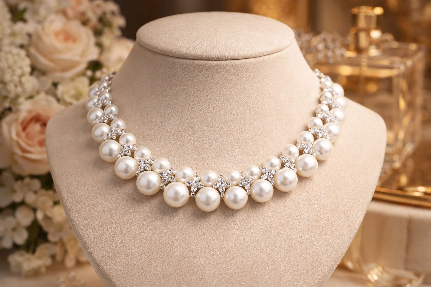 Double Line White Natural Fresh Water Peal Necklace Set with American Diamonds for Women