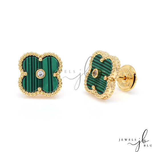 Premium Green Luxury Brand Inspired Clover Studs in Gold Finish