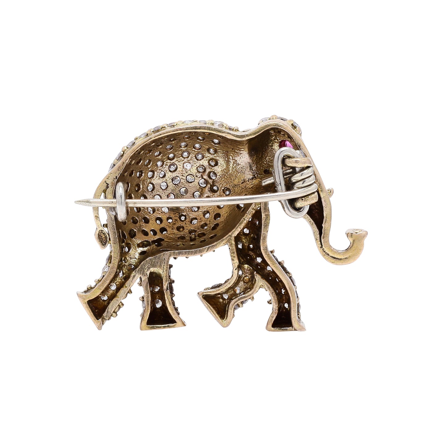 Antique Gold Finish Diamond Studded Elephant Unisex Brooch with Ruby Detailing
