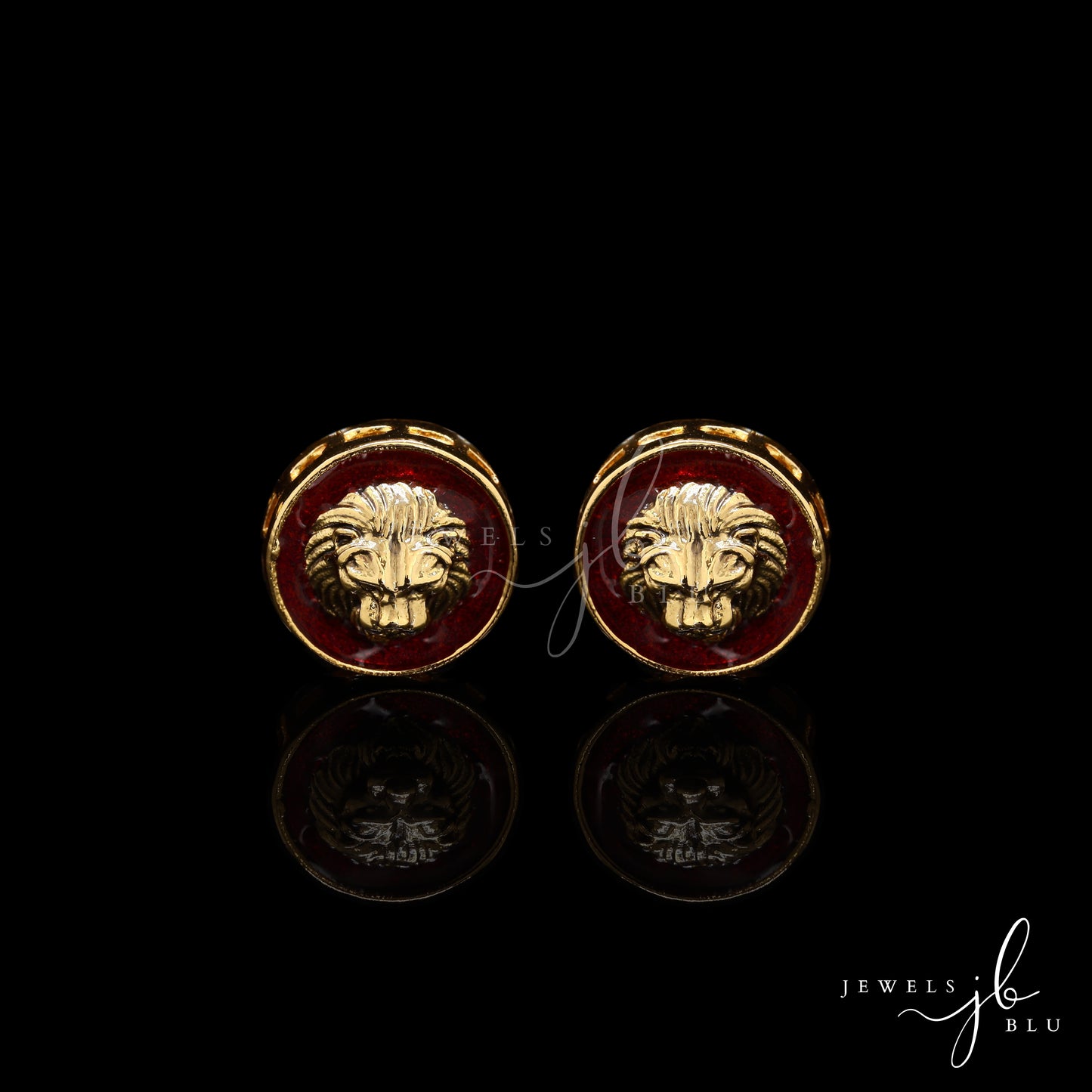 Red Enamel Lion Face Gold Finish Mens Cuff Link Pair