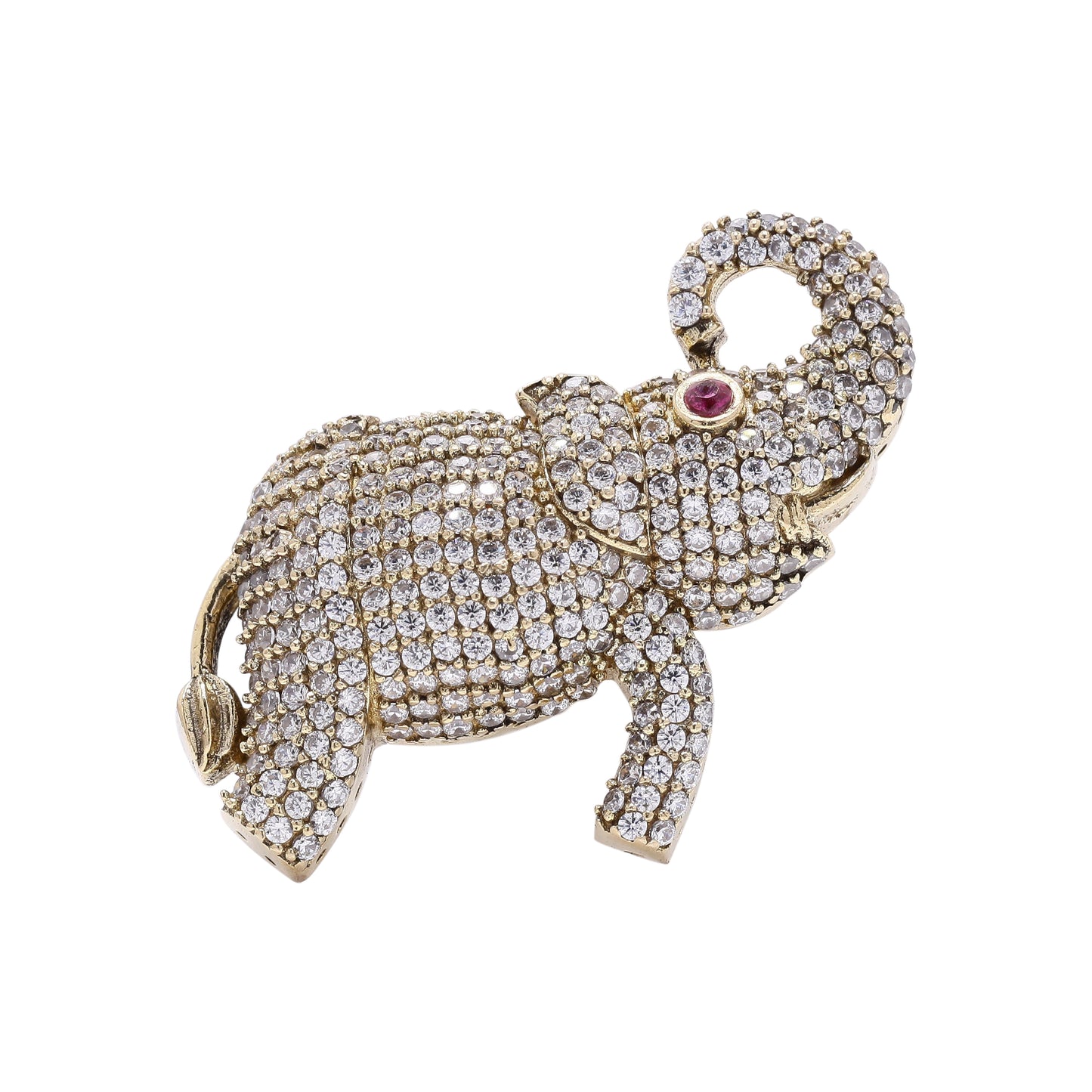 Antique Gold Finish Diamond Studded Shubh Elephant Unisex Brooch with Hydro Ruby Detailing