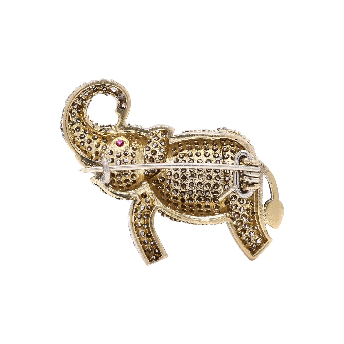 Antique Gold Finish Diamond Studded Shubh Elephant Unisex Brooch with Hydro Ruby Detailing