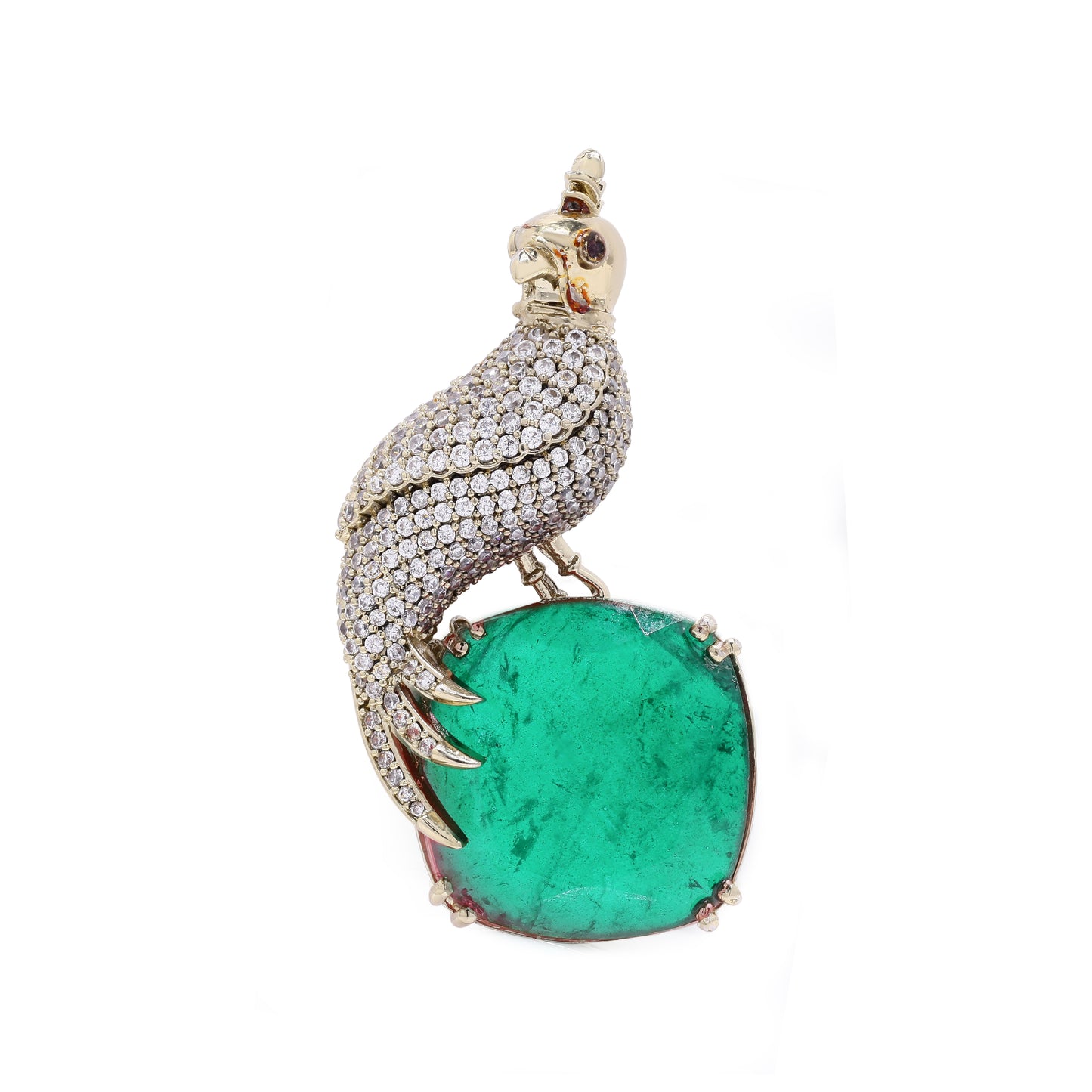 Antique Gold Finish Micro Setting Diamond Unisex Bird Brooch for Men and Women with Emerald Detailing
