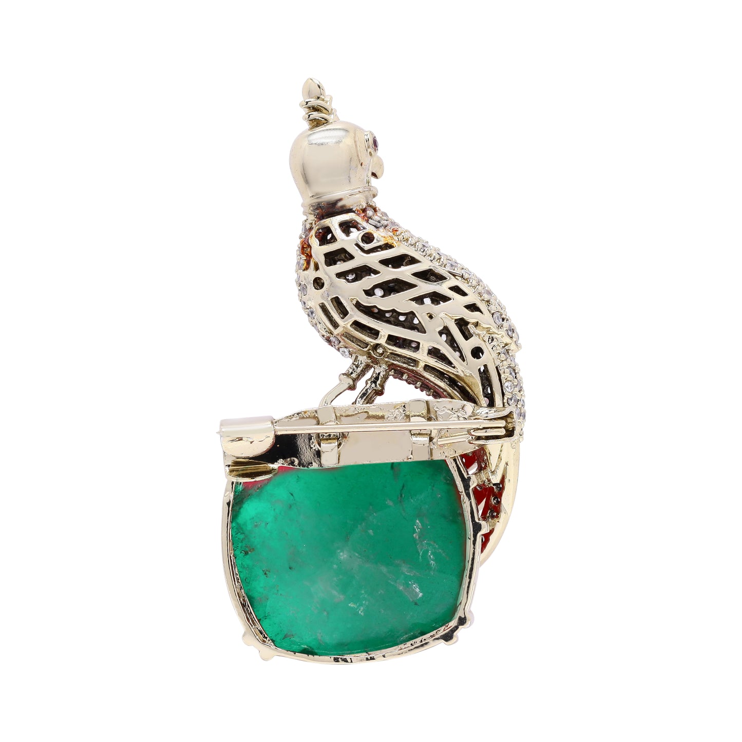 Antique Gold Finish Micro Setting Diamond Unisex Bird Brooch for Men and Women with Emerald Detailing