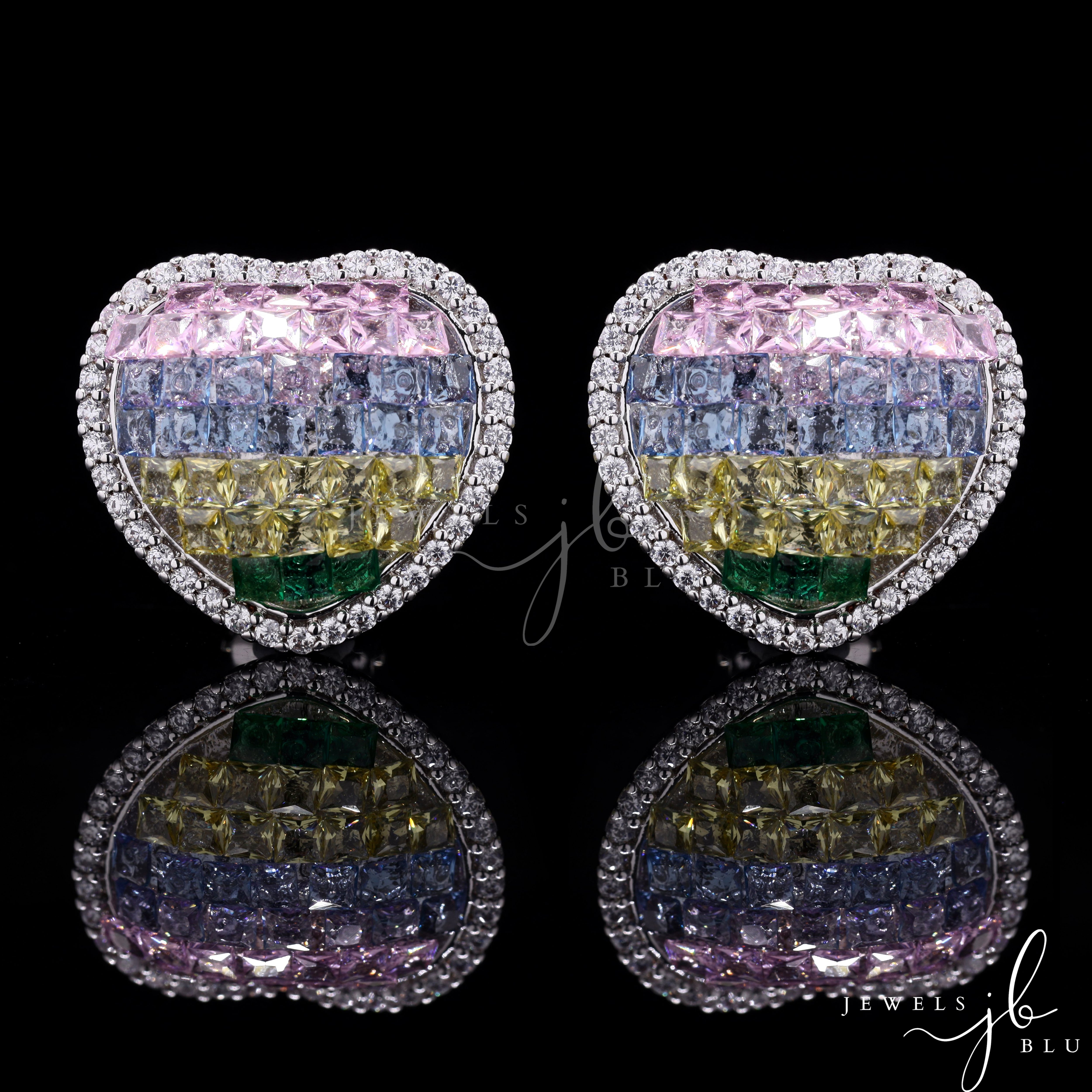 American Diamond Studded Invisible Setting Rainbow Heart Studs ...