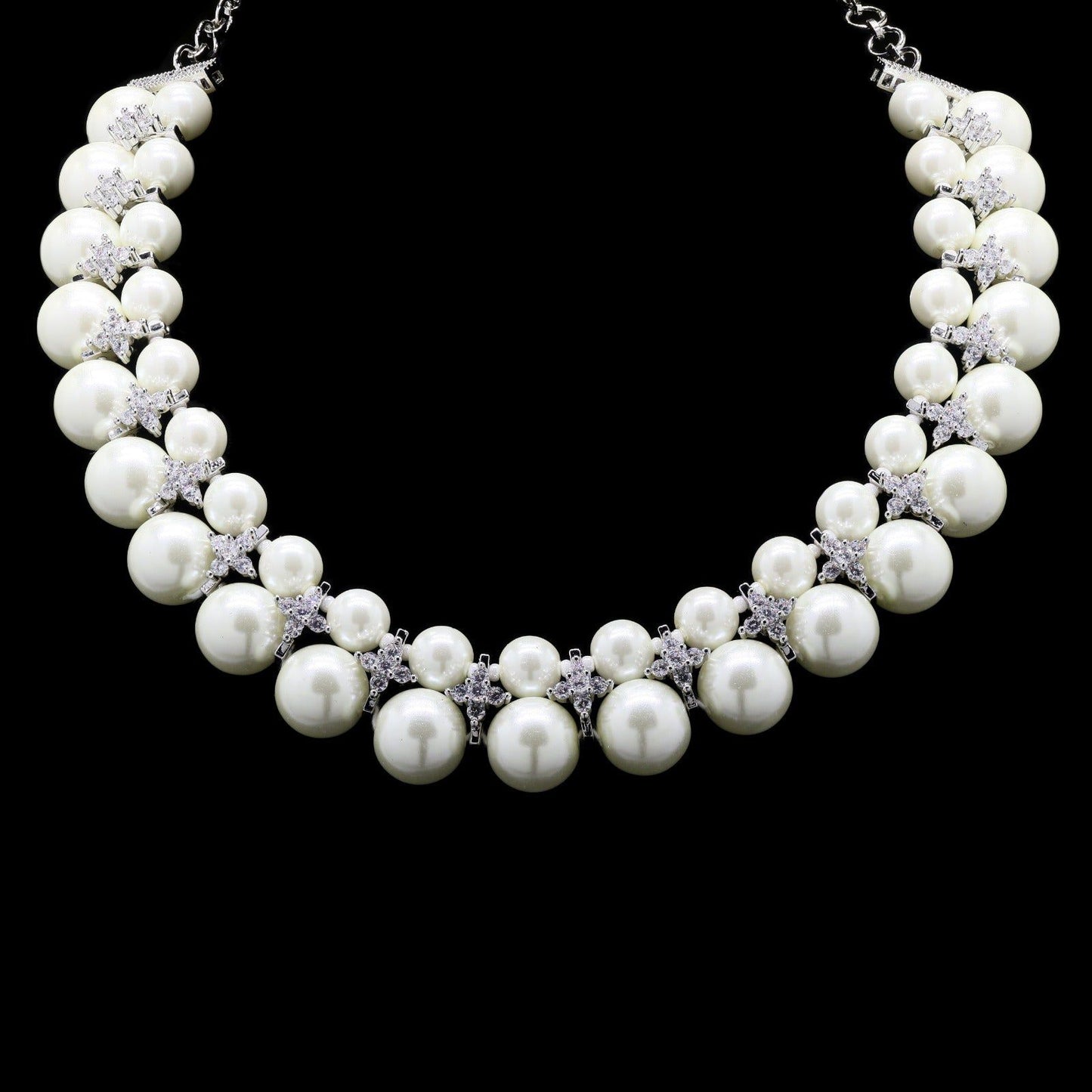Double Line White Natural Fresh Water Peal Necklace Set with American Diamonds for Women