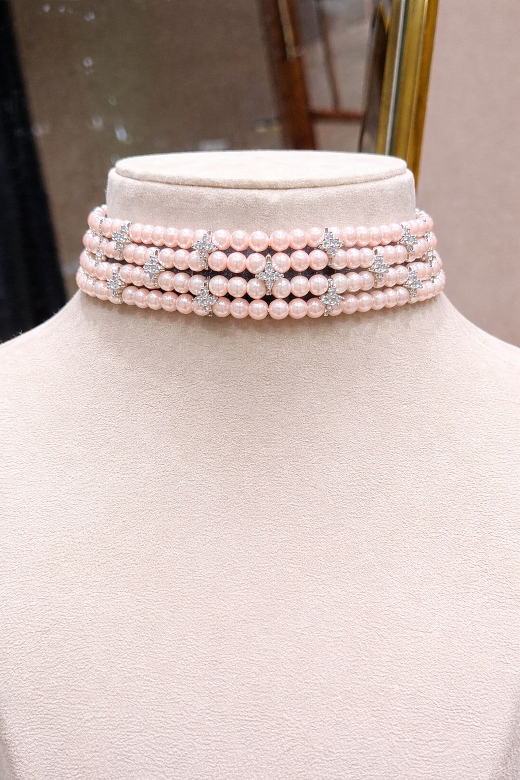 Four Line Pink Natural Fresh Water Pearl Choker Necklace with American Diamonds for Women