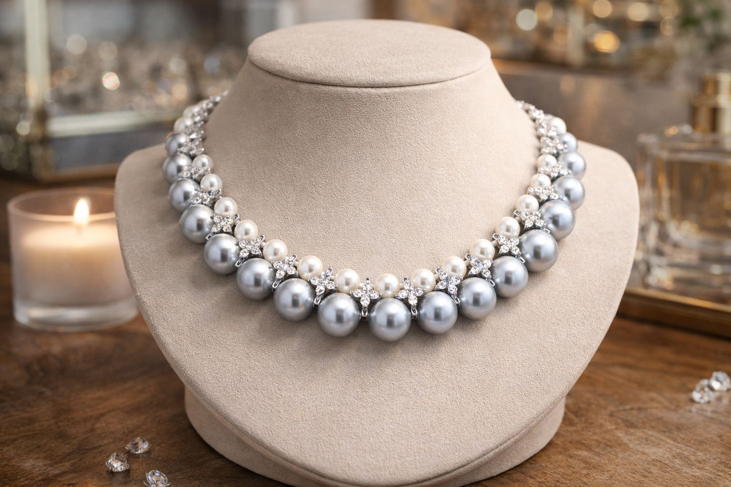 Double Layered Grey and White Natural Fresh Water Pearl Choker Necklace Set for Women