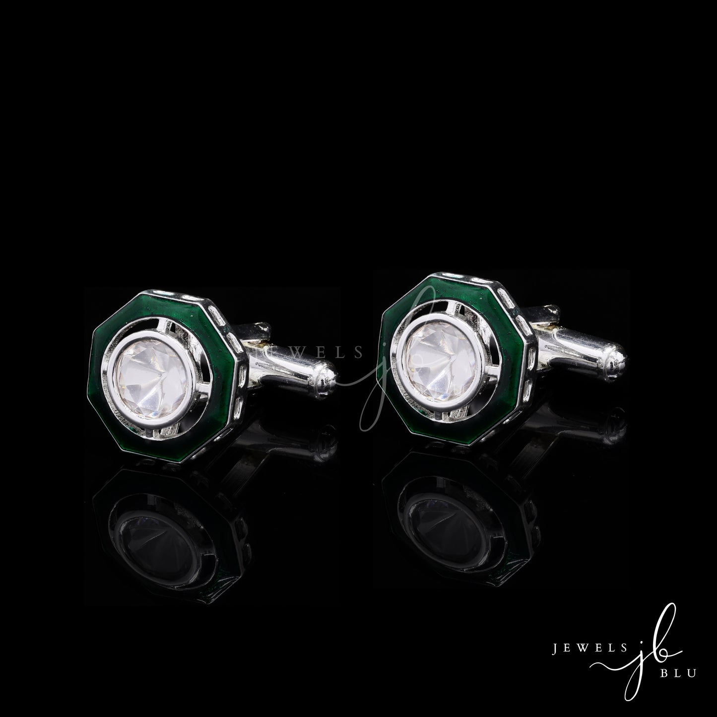 Green Enamel Bezel Setting Diamond White Gold Finish Mens Cuff Links