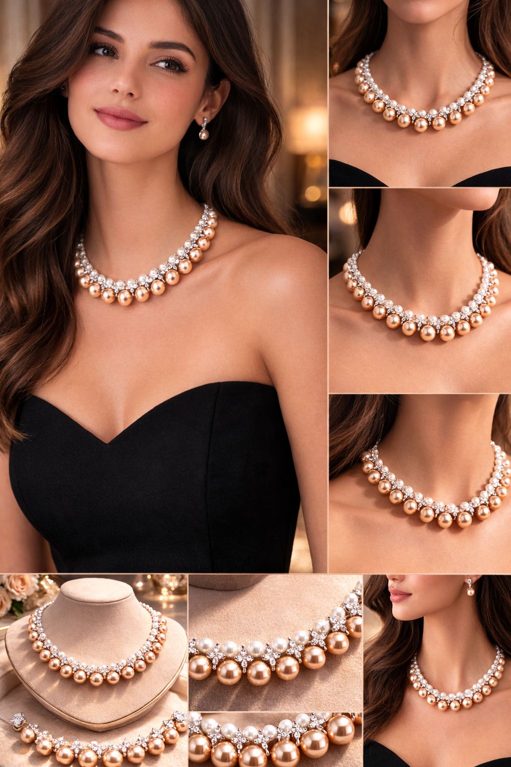Chocolate Brown Natural Fresh Water Pearl and Diamond Premium Choker Necklace Set for Women