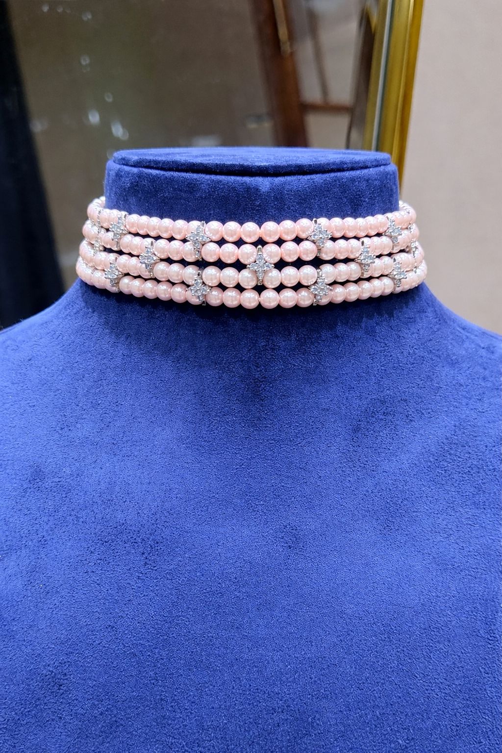 Four Line Pink Natural Fresh Water Pearl Choker Necklace with American Diamonds for Women