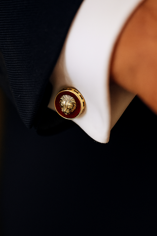 Red Enamel Lion Face Gold Finish Mens Cuff Link Pair