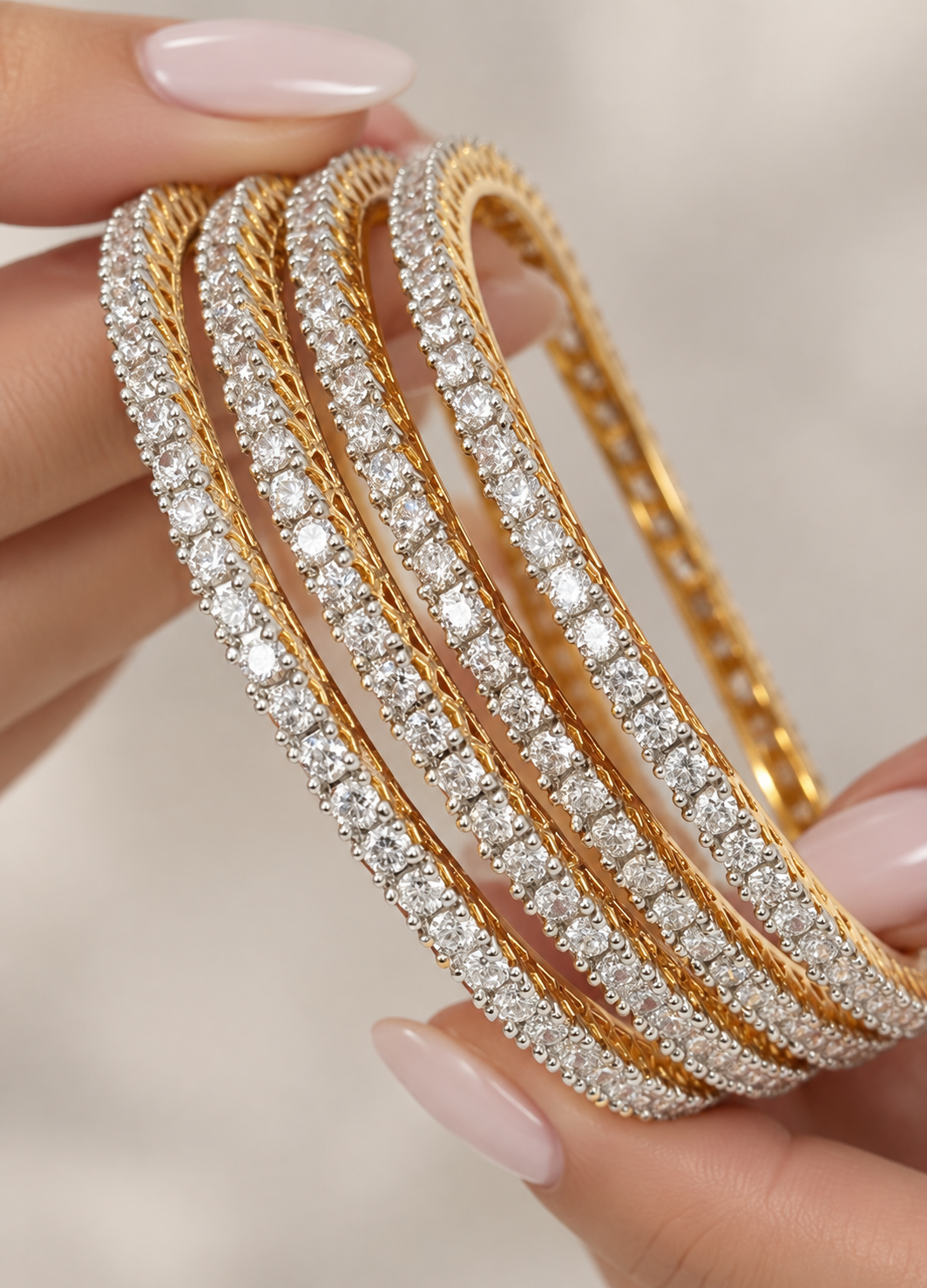 Gold Finish 10 Pointer Classic Diamond Solitaire Bangles ( Set of 4 Bangles )
