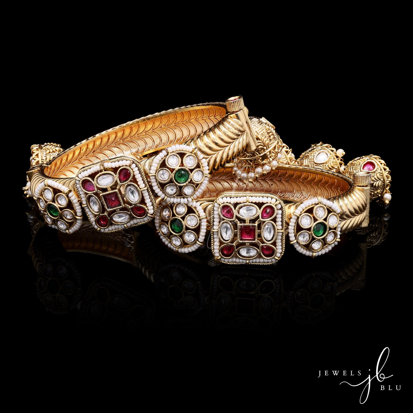 Handcrafted Jhoomer Polki Traditional Openable Kada Bracelet  ( Pair of Two )