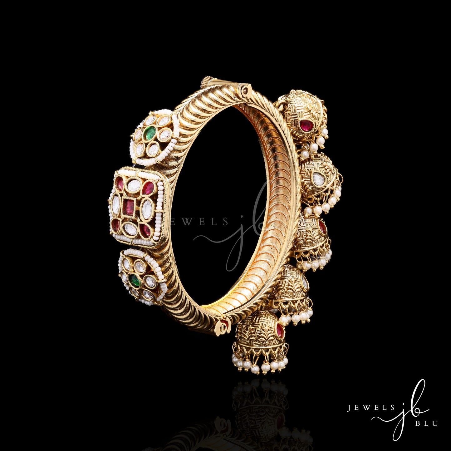 Handcrafted Jhoomer Polki Traditional Openable Kada Bracelet  ( Pair of Two )
