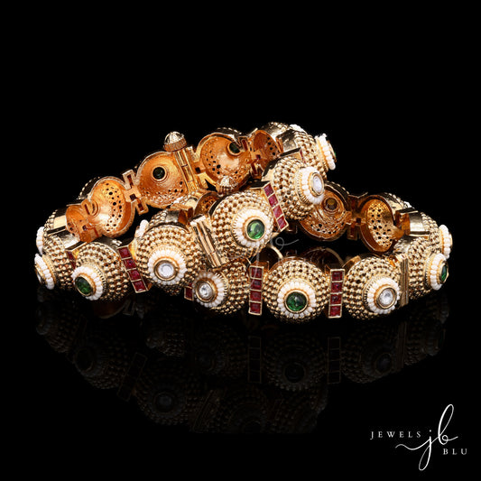 Adira Traditional Polki and Pearl Openable Kada Bangle ( Pair of Two Bangles )