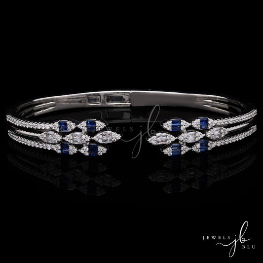 Premium American Diamond Baguette Setting Three Line Nora Openable Bracelet with Blue Sapphire Detailing