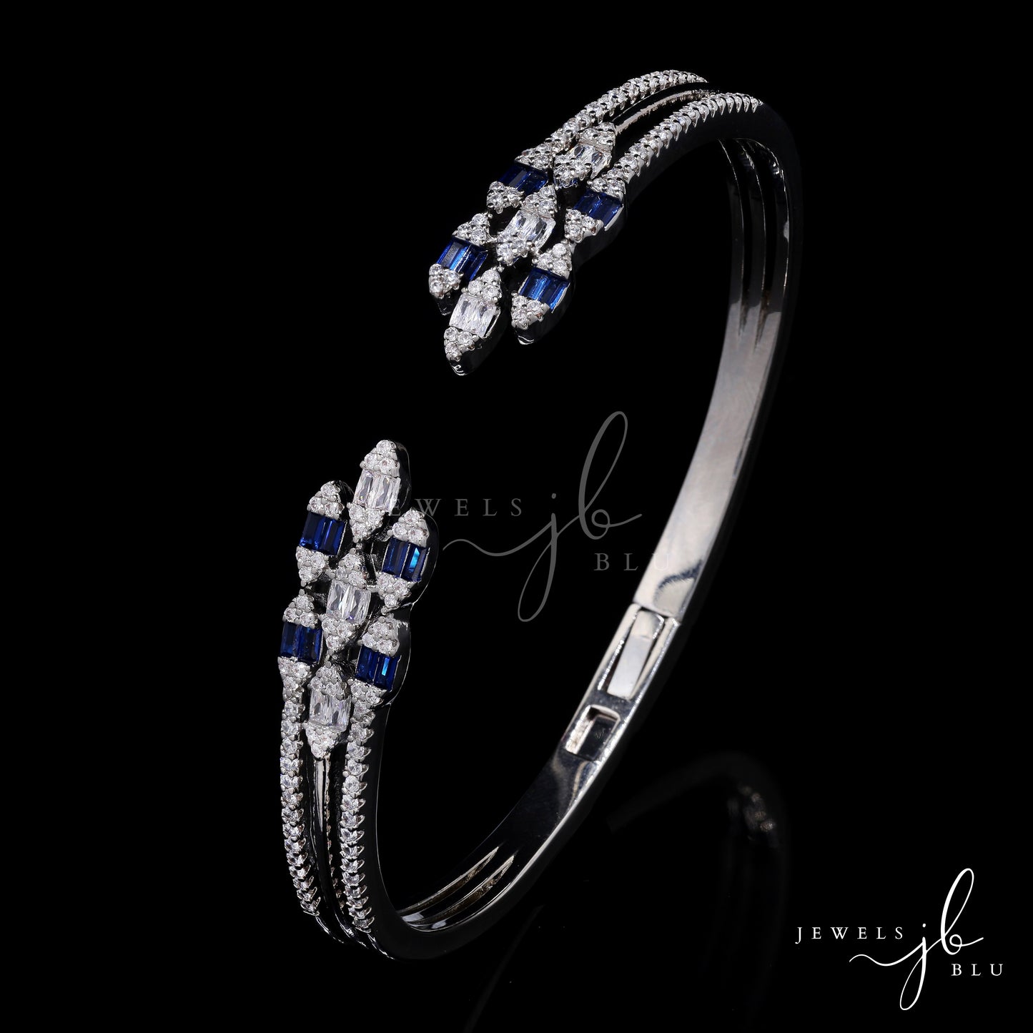 Premium American Diamond Baguette Setting Three Line Nora Openable Bracelet with Blue Sapphire Detailing