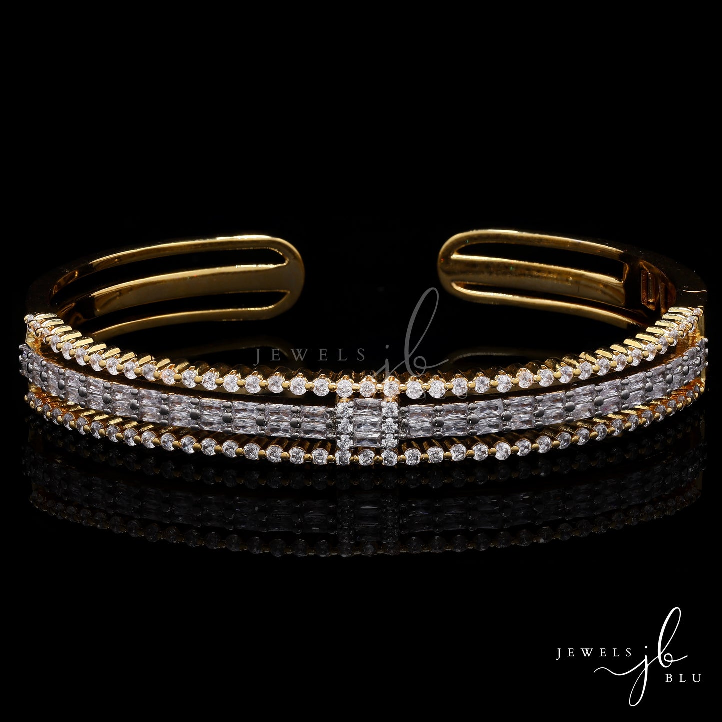 Gold Finish Premium American Diamond Baguette and Round Cut Openable Sara Kada Bracelet