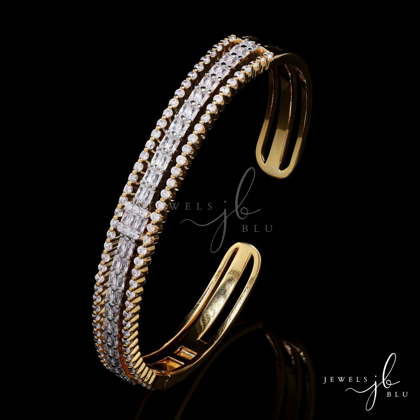 Gold Finish Premium American Diamond Baguette and Round Cut Openable Sara Kada Bracelet