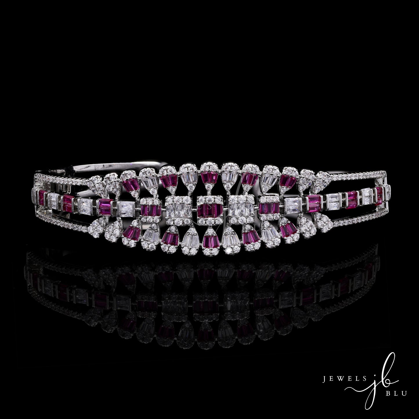 Premium American Diamond Baguette Pressure Setting Bridal Sia Openable Kada Bracelet with Ruby Detailing
