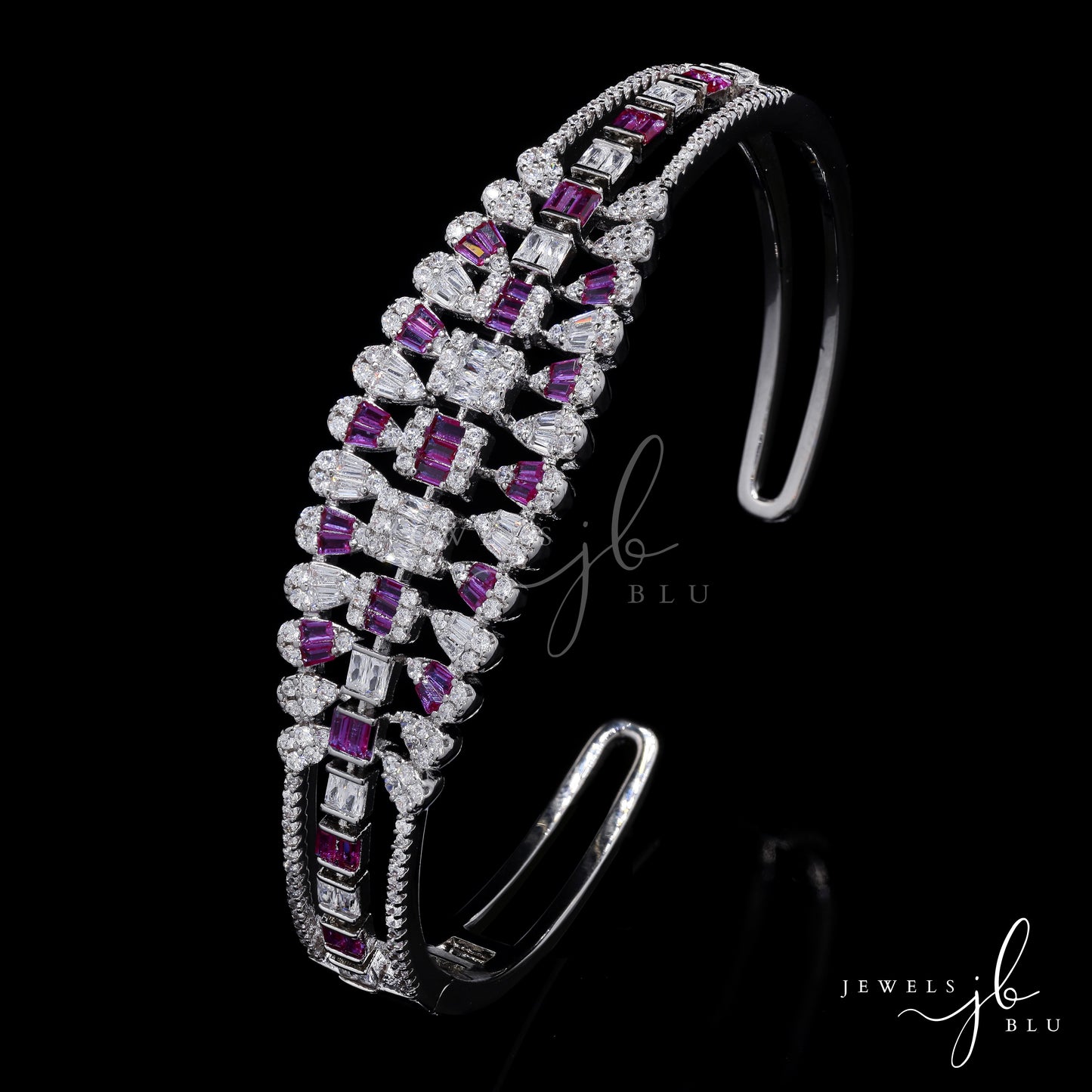 Premium American Diamond Baguette Pressure Setting Bridal Sia Openable Kada Bracelet with Ruby Detailing