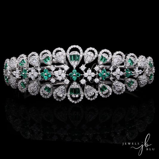 Premium American Diamond Baguette Pressure Setting Openable Hiya Bracelet with Emerald Detailing