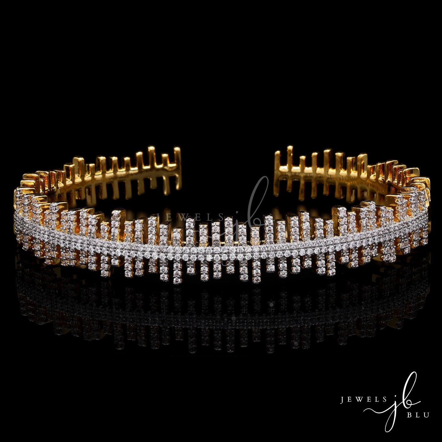 Premium Gold Finish American Diamond Zebra Openable Bracelet with Double Line Diamond Cluster