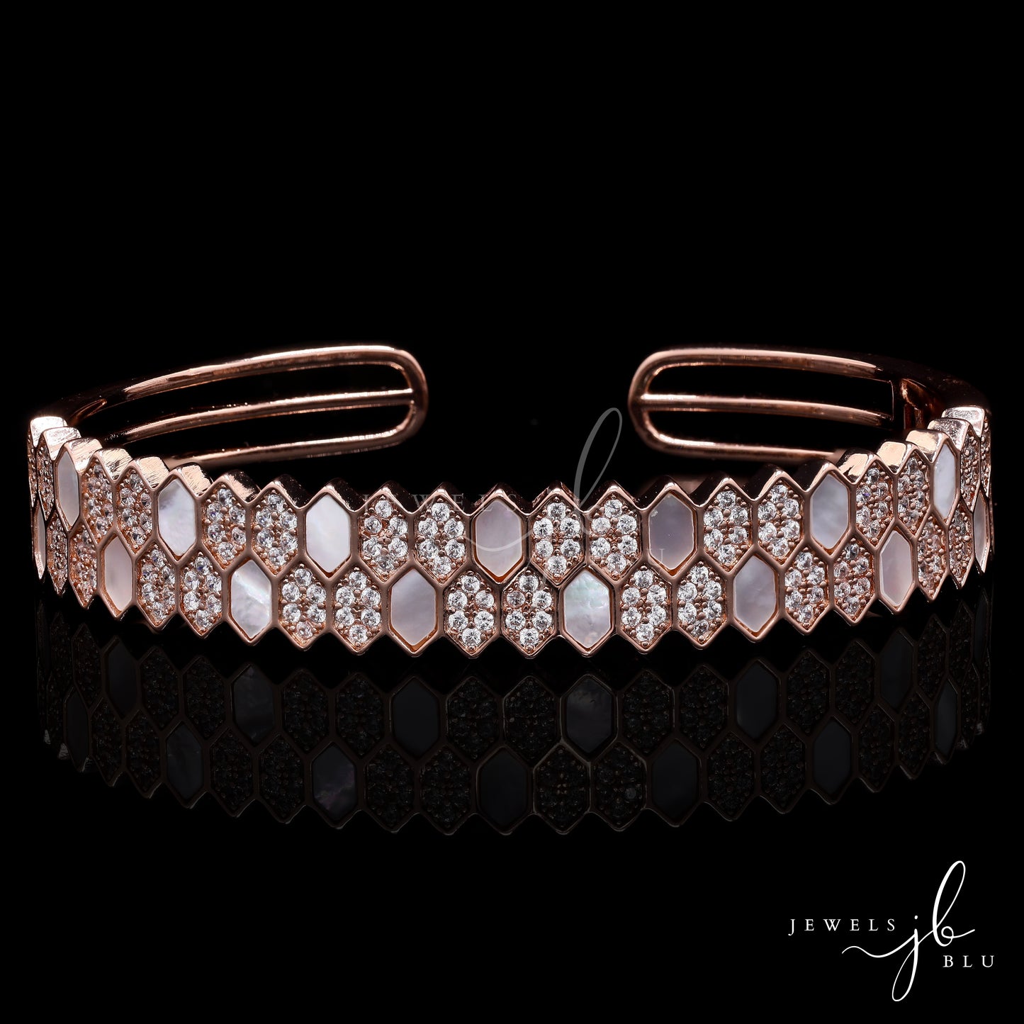 Premium Rose Gold Finish American Diamond and Mother of Pearl Hexa Openable Bracelet