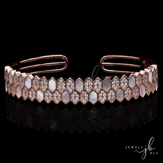 Premium Rose Gold Finish American Diamond and Mother of Pearl Hexa Openable Bracelet