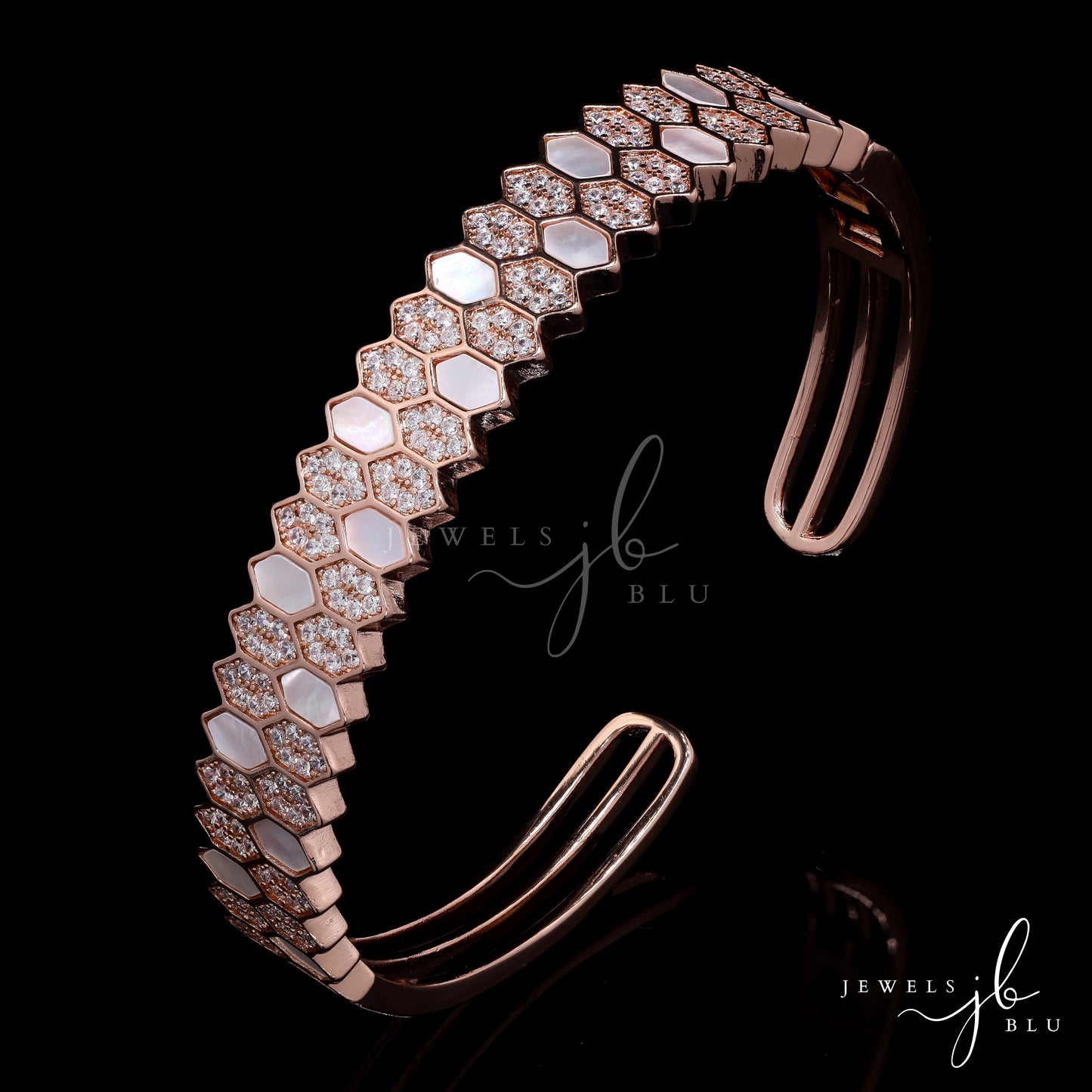 Premium Rose Gold Finish American Diamond and Mother of Pearl Hexa Openable Bracelet