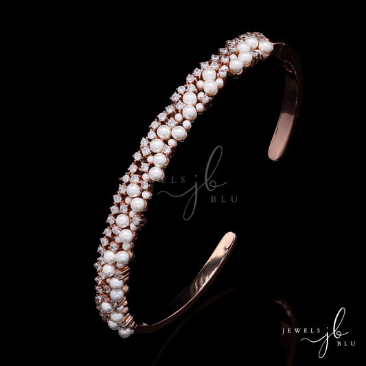Premium Rose Gold Finish Fresh Water Pearl and American Diamond Cluster Kylie Openable Bracelet