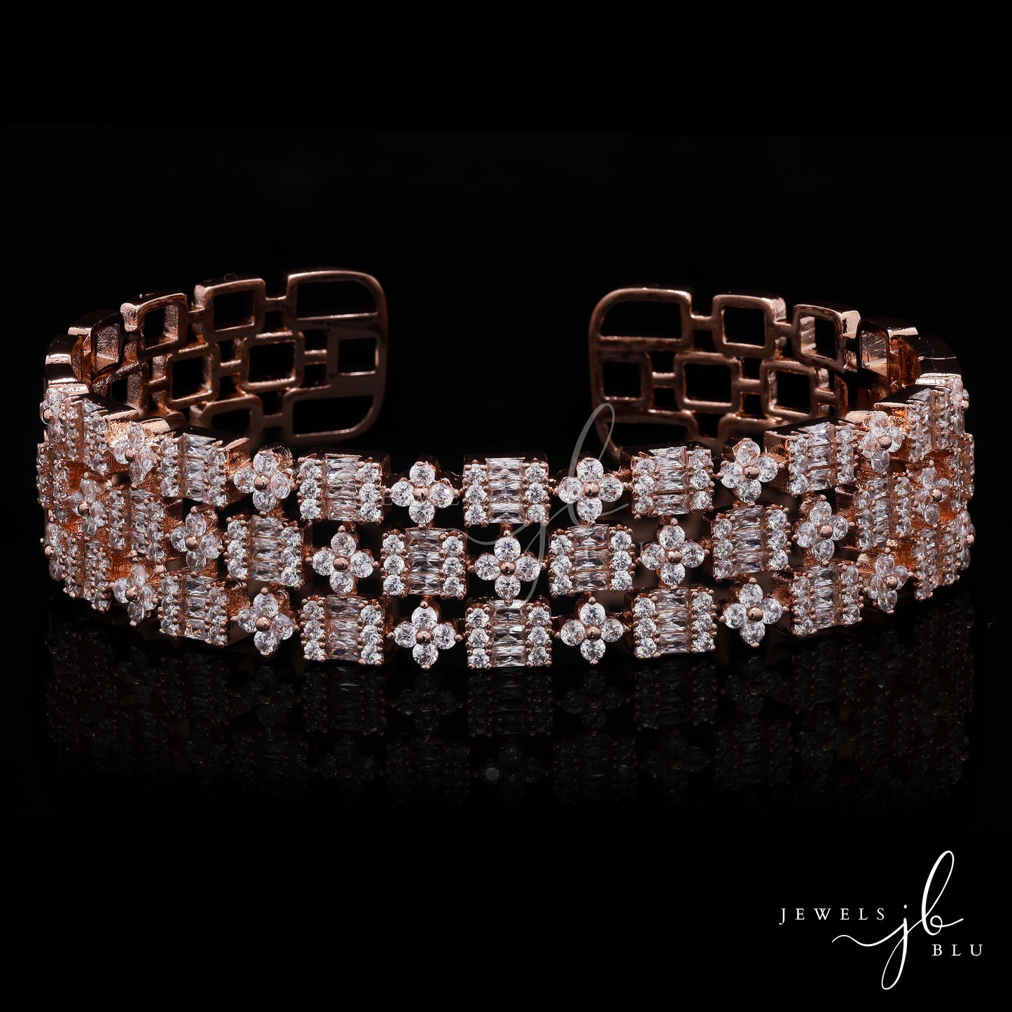 Premium Rose Gold Finish American Diamond Baguette and Round Cut Pressure Setting Broad Bridal Openable Bracelet