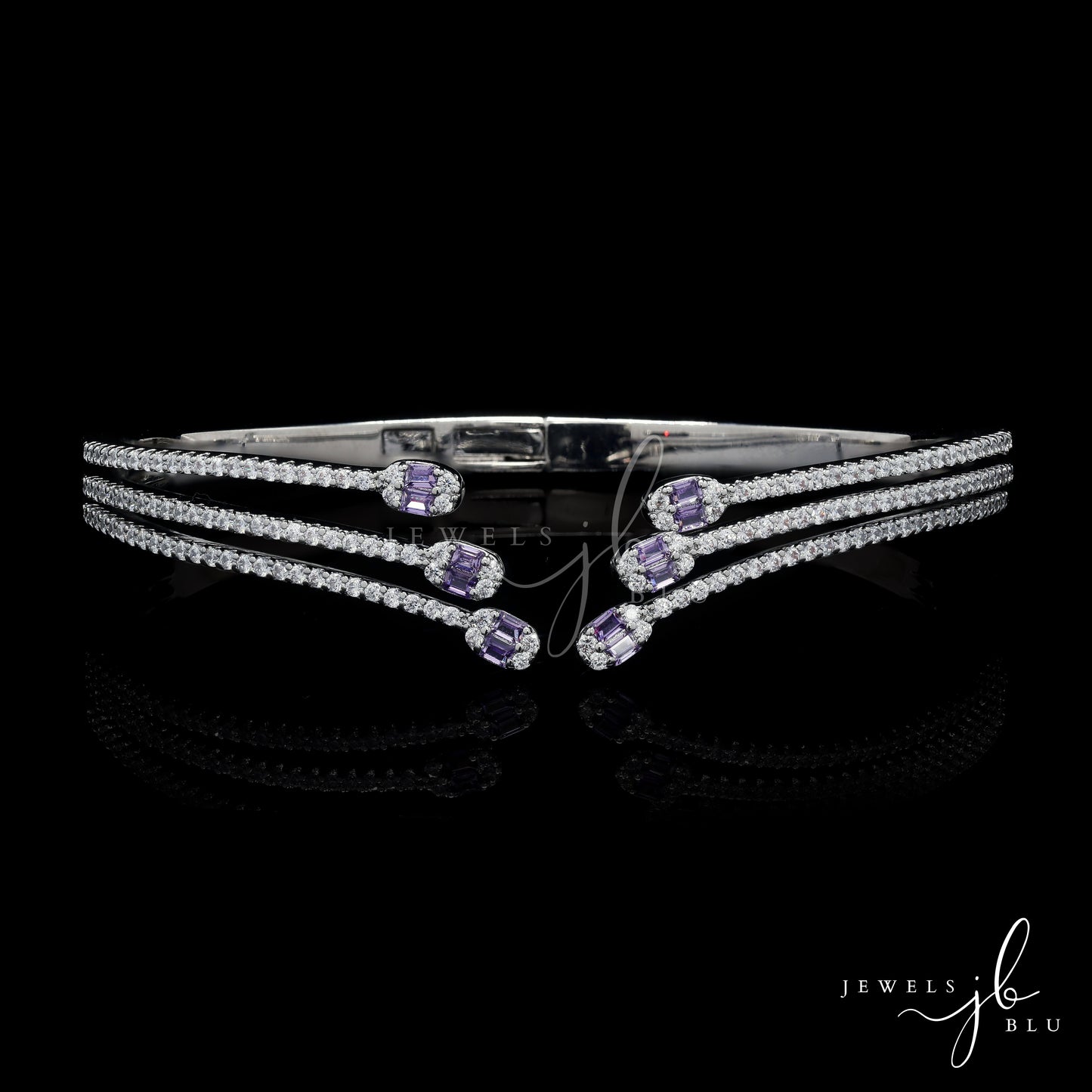 Premium American Diamond Three Line Front Open Bracelet with Hydro Amethyst Detailing