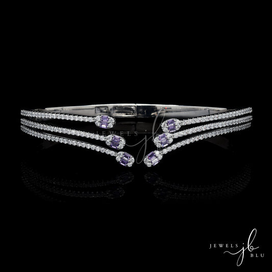Premium American Diamond Three Line Front Open Bracelet with Hydro Amethyst Detailing
