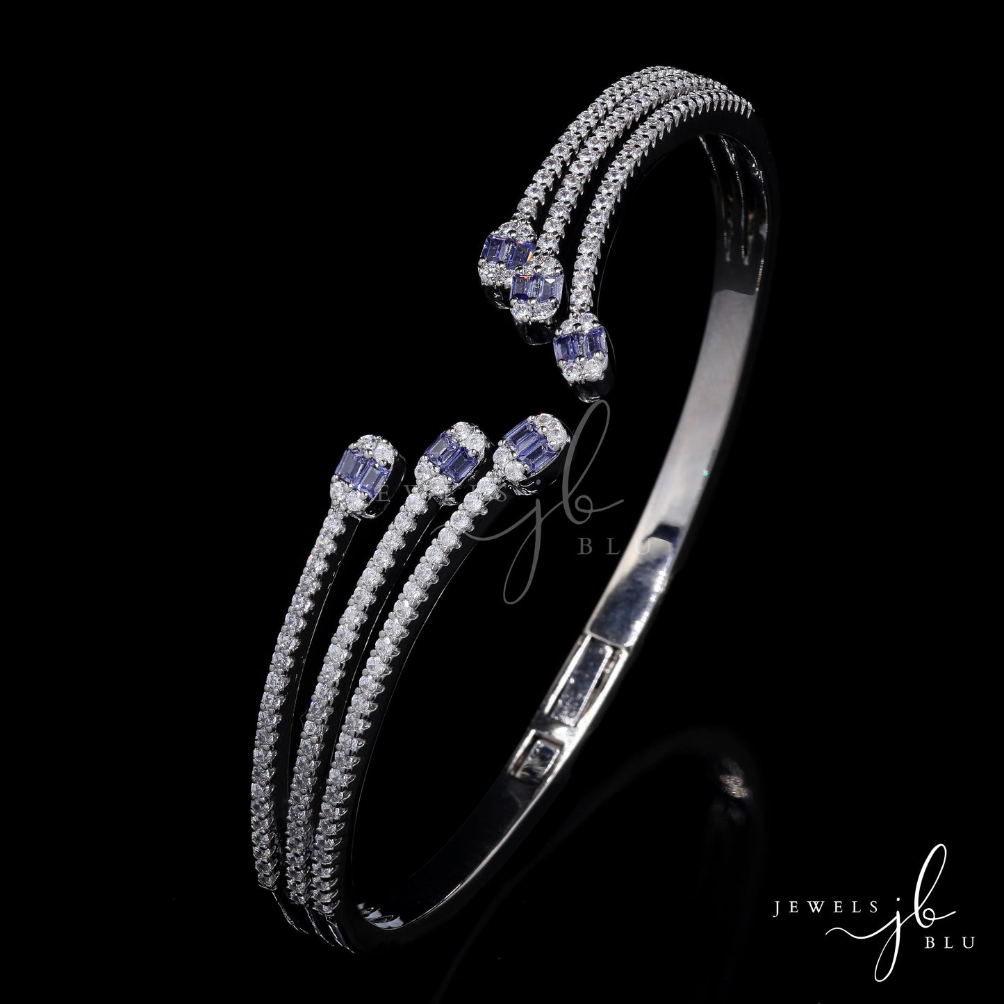 Premium American Diamond Three Line Front Open Bracelet with Hydro Amethyst Detailing