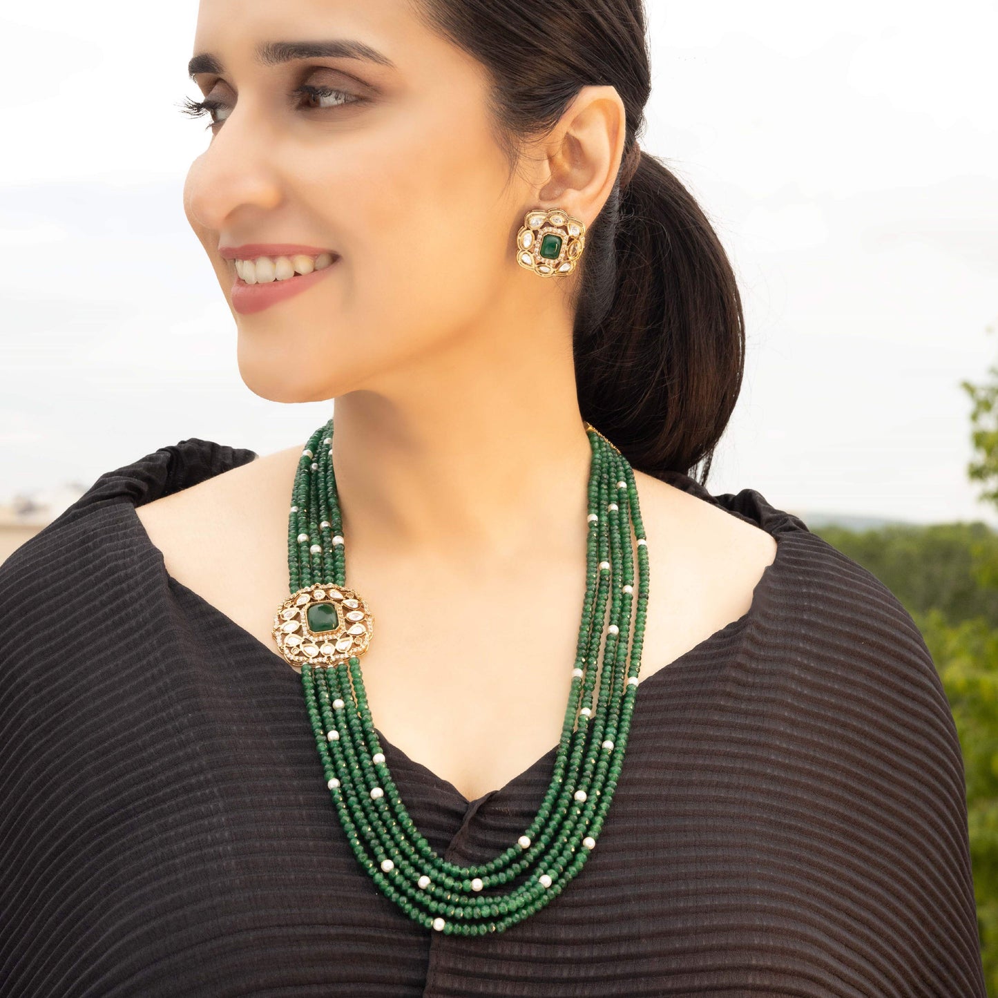 Green Emerald Beading Side Pendant Haar Set